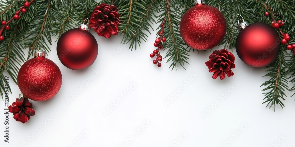 Festive red Christmas ornaments and pinecones arranged on green pine branches with ample white copy space for seasonal text at the center. Festive red Christmas ornaments and pinecones arranged on green pine branches with ample white copy space for seasonal text at the center.