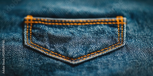 Closeup of blue denim jeans pocket with orange stitching highlighting texture and fabric details against a blurred background of denim. photo