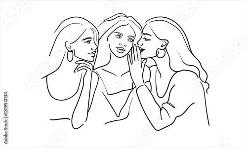 Women's gossip line art, 3 girls chatting continuous line art drawing isolated on white background. Vector illustration	