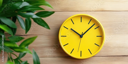 Wallpaper Mural Bright yellow clock positioned on a light wooden surface with green leaves to the right creating a vibrant and fresh interior design atmosphere Torontodigital.ca