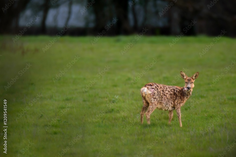 Naklejka premium Young deer standing in a lush green field with a forest in the background in France
