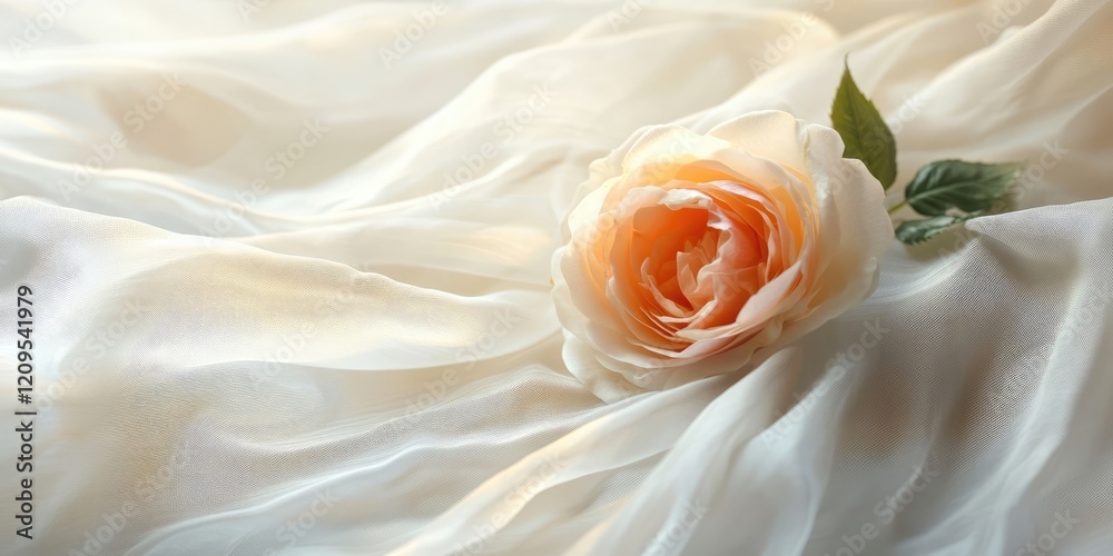 Soft peach rose resting on flowing light cream sheer fabric with gentle folds capturing calm elegance in portrait orientation ideal for copy space. Soft peach rose resting on flowing light cream sheer fabric with gentle folds capturing calm elegance in portrait orientation ideal for copy space.