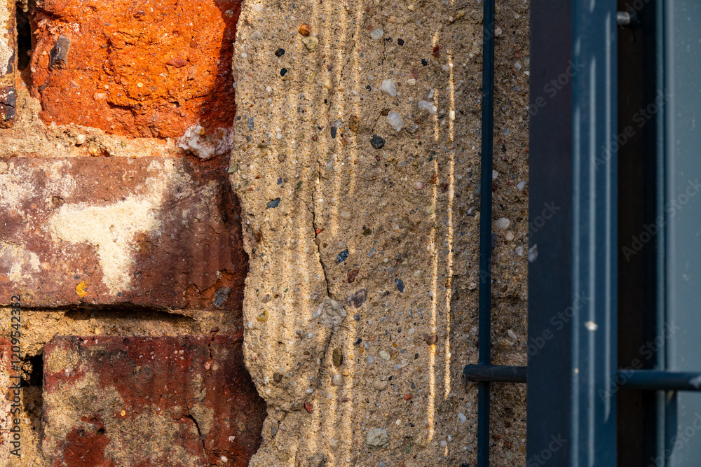 Textured wall with brick and concrete elements showcasing unique patterns of light and shadow Textured wall with brick and concrete elements showcasing unique patterns of light and shadow