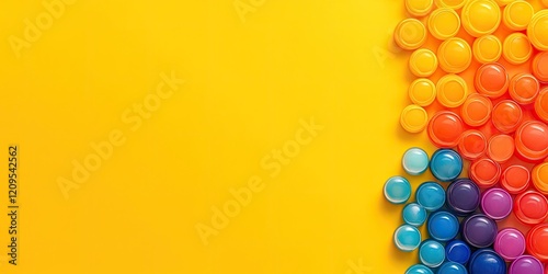 Multicolored pop it toys arranged in gradient on vibrant yellow background with blue, green, orange, and pink colors on right side. photo