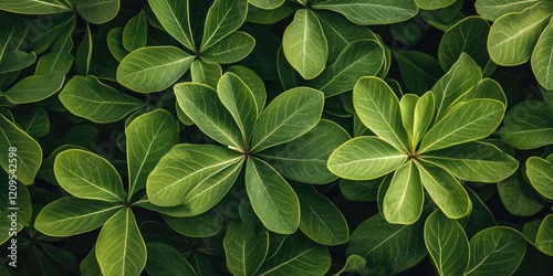 Vibrant overhead view of lush green Bauhinia aureifolia leaves with varying textures arranged harmoniously in a dark background photo