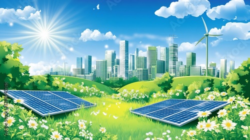 Sustainable city with solar panels, wind turbine, green landscape, and bright sky illustration
