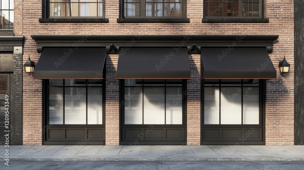 Obraz premium Old brick shop with black and brown awnings, large windows, and blank wall space for advertising mockups