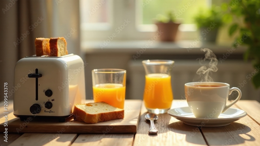 A sunny morning breakfast scene featuring freshly toasted bread, a steaming cup of tea, and glasses of orange juice, all set on a rustic wooden table near a window. A sunny morning breakfast scene featuring freshly toasted bread, a steaming cup of tea, and glasses of orange juice, all set on a rustic wooden table near a window.