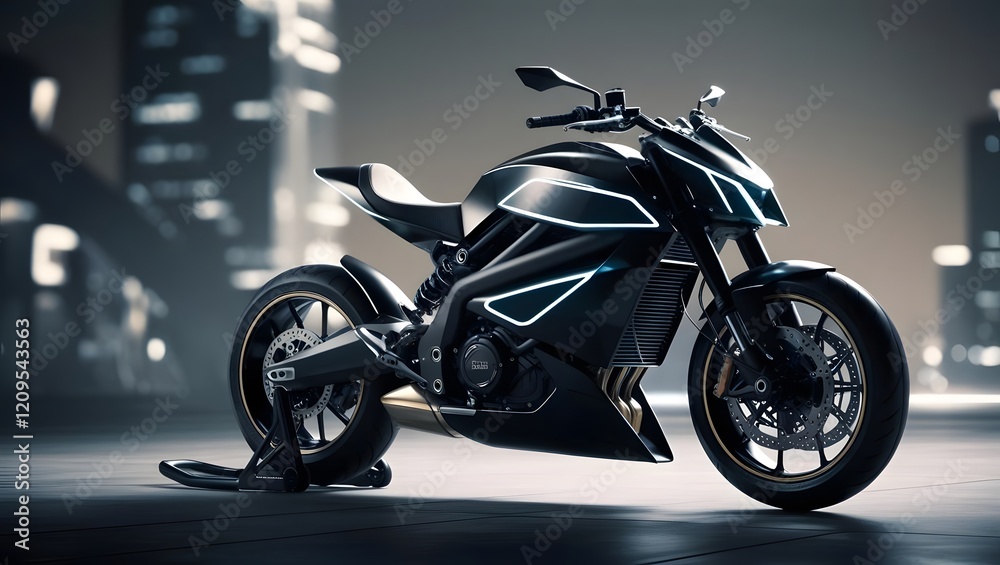 Futuristic custom angled light motorcycle concept with glowing black tones, showcasing sleek design and advanced technology in urban setting Futuristic custom angled light motorcycle concept with glowing black tones, showcasing sleek design and advanced technology in urban setting