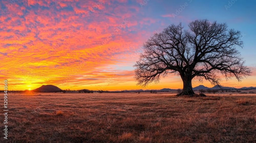 Sunrise over plains, lone tree silhouette, vibrant sky, hills in distance; nature landscape Sunrise over plains, lone tree silhouette, vibrant sky, hills in distance; nature landscape