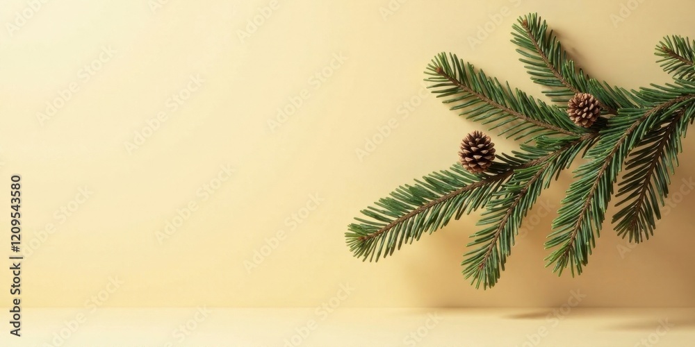 A Peaceful Evergreen Branch with Pine Cones on a Pale Yellow Background A Peaceful Evergreen Branch with Pine Cones on a Pale Yellow Background