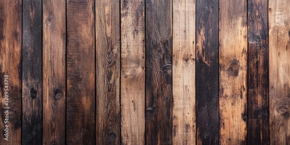 Fototapeta premium Brown wooden planks in various shades of brown arranged vertically, creating a rustic textured background with ample copy space for design use.