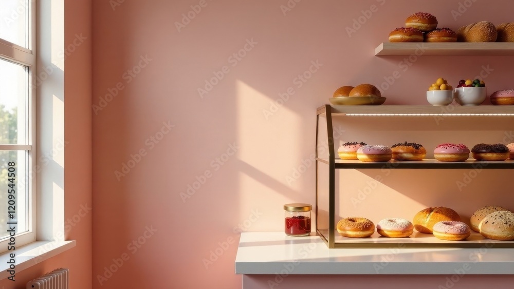 Fototapeta premium Sunlit Pastry Display with Assorted Donuts and Breads on Shelves in a Pink Room
