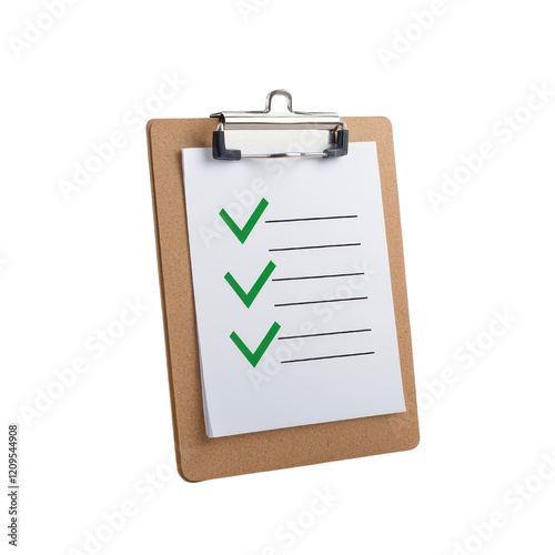 Clipboard with a check mark indicating completed tasks or checklist items in an office setting.
