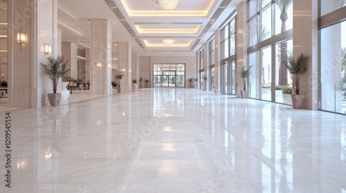 Luxurious hotel lobby, bright, spacious, marble floor, sunny day, ideal for travel brochures