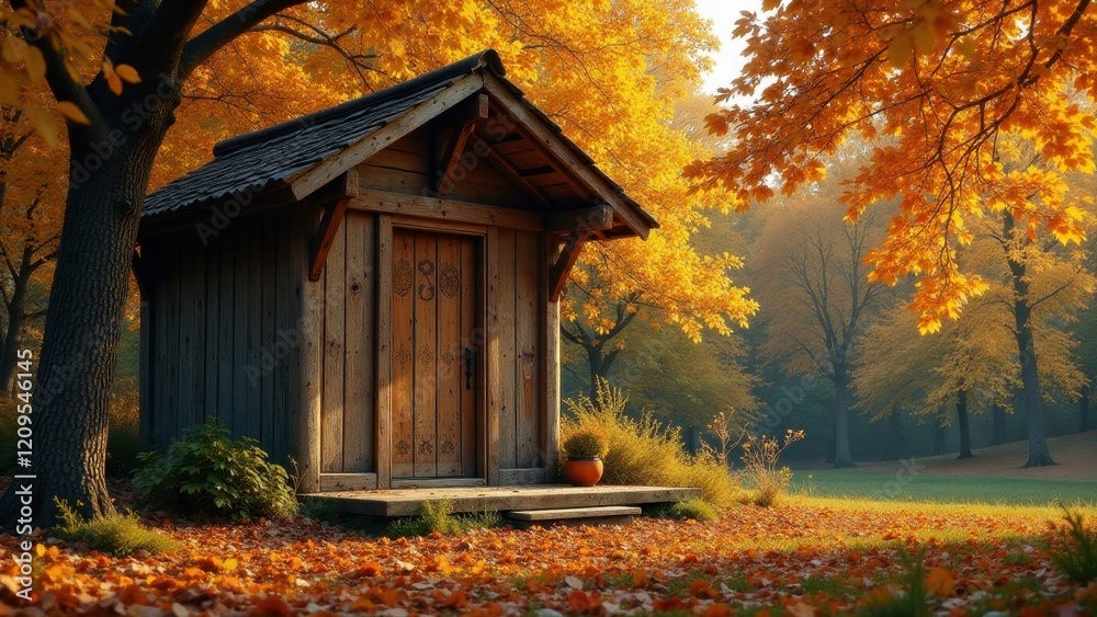 Rustic Wooden Cabin Nestled Amongst Vibrant Autumn Foliage, Illuminated by Golden Sunlight Rustic Wooden Cabin Nestled Amongst Vibrant Autumn Foliage, Illuminated by Golden Sunlight