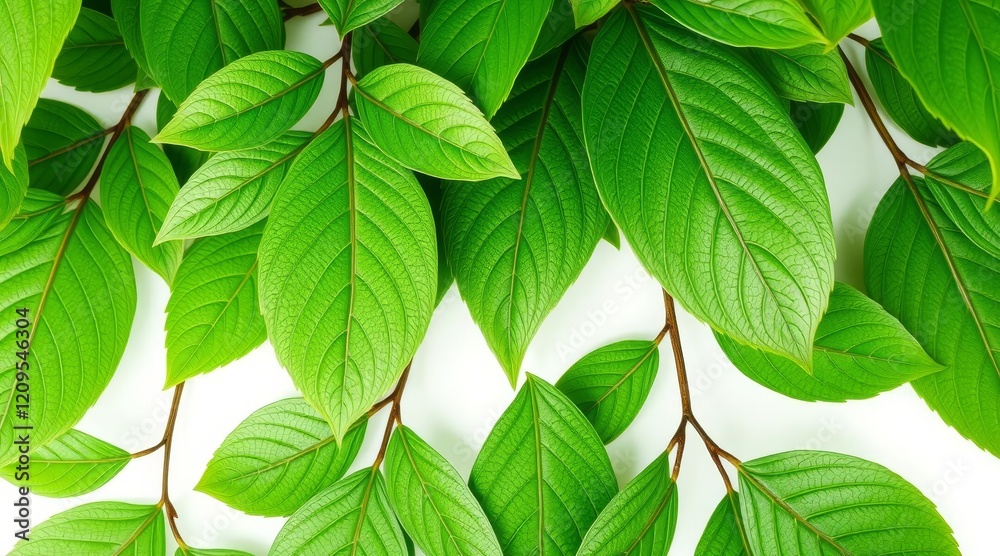 Dense arrangement of fresh green leaves with visible veins on white background. Natural foliage texture and botanical design Dense arrangement of fresh green leaves with visible veins on white background. Natural foliage texture and botanical design