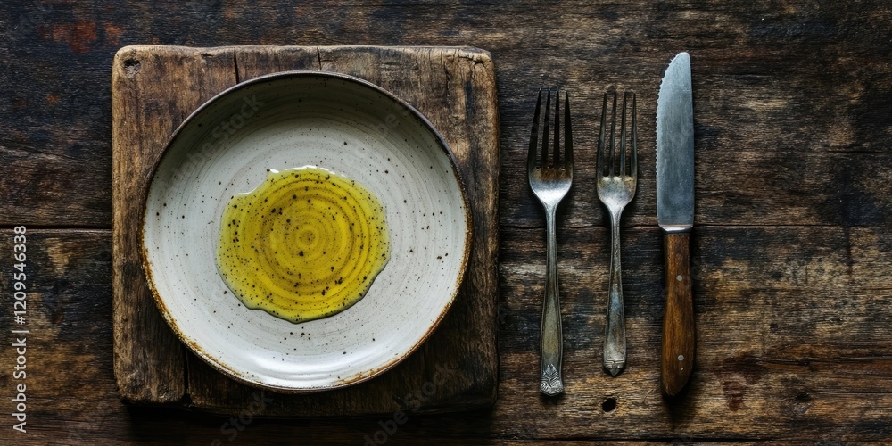 Rustic wooden table featuring an empty ceramic plate with olive oil drizzle at the center, accompanied by forks and a knife on a cutting board Rustic wooden table featuring an empty ceramic plate with olive oil drizzle at the center, accompanied by forks and a knife on a cutting board