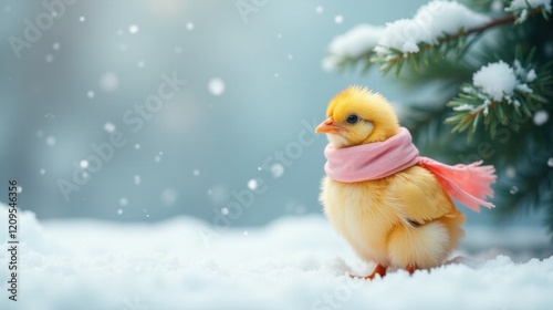 A fluffy yellow chick, bundled in a soft pink scarf, sits amidst a pristine snowy landscape, delicate snowflakes gently falling around it.