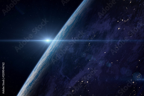 Fototapeta Naklejka Na Ścianę i Meble -  Space. Earth on starry background. Blue planet Earth at night in open space. Sunrise over planet Earth, view from space. Earth Day. Elements of this image furnished by NASA.