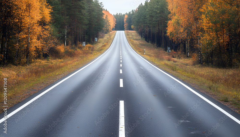 Obraz premium Beautiful view of asphalt road going through autumn forest top view