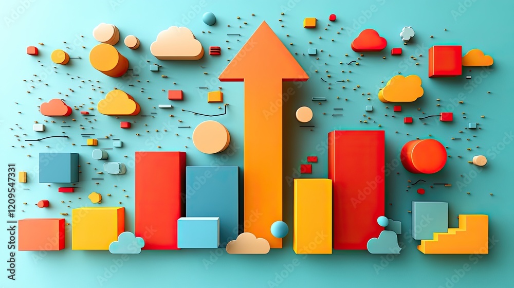 Fototapeta premium Upward Trend 3D Growth Chart, Cloud Background