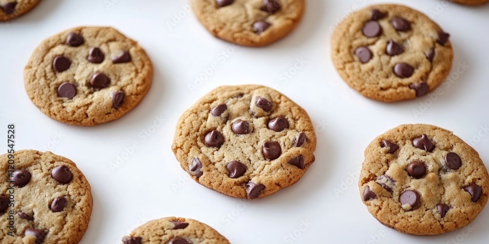 Delicious chocolate chip cookies arranged symmetrically on a clean white background showcasing golden brown tones and rich dark chocolate chips. Delicious chocolate chip cookies arranged symmetrically on a clean white background showcasing golden brown tones and rich dark chocolate chips.
