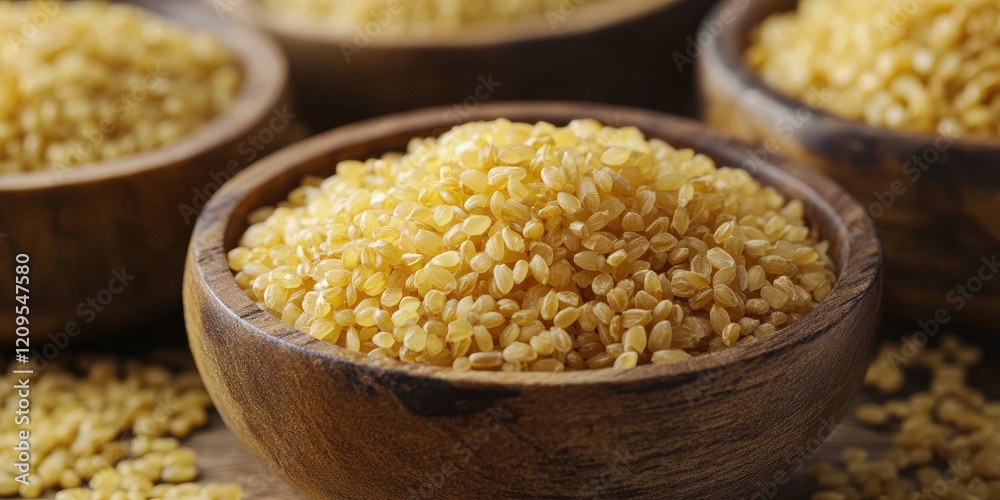 Closeup of rustic wooden bowls filled with golden uncooked bulgur wheat grains arranged centrally with a blurred background and ample copy space Closeup of rustic wooden bowls filled with golden uncooked bulgur wheat grains arranged centrally with a blurred background and ample copy space