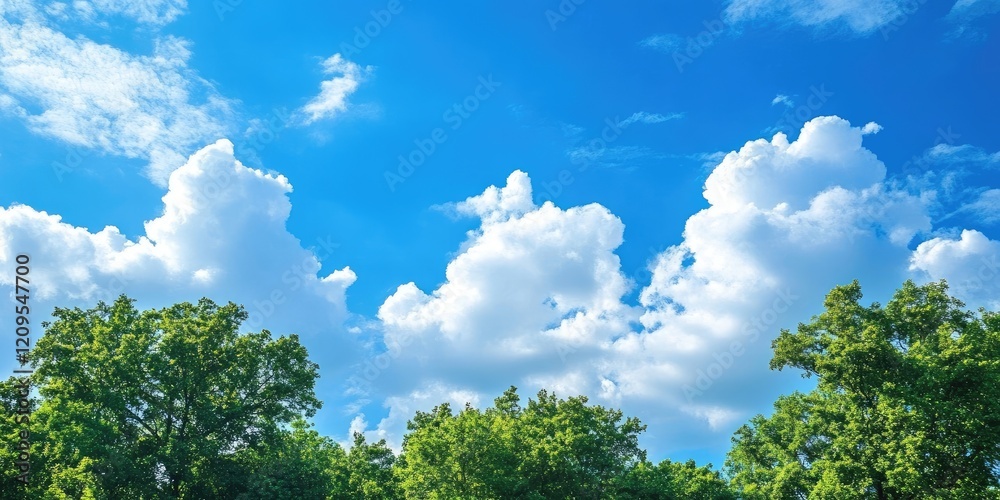 Serene blue sky with fluffy white clouds above lush green trees creating a tranquil natural backdrop for various creative projects Serene blue sky with fluffy white clouds above lush green trees creating a tranquil natural backdrop for various creative projects