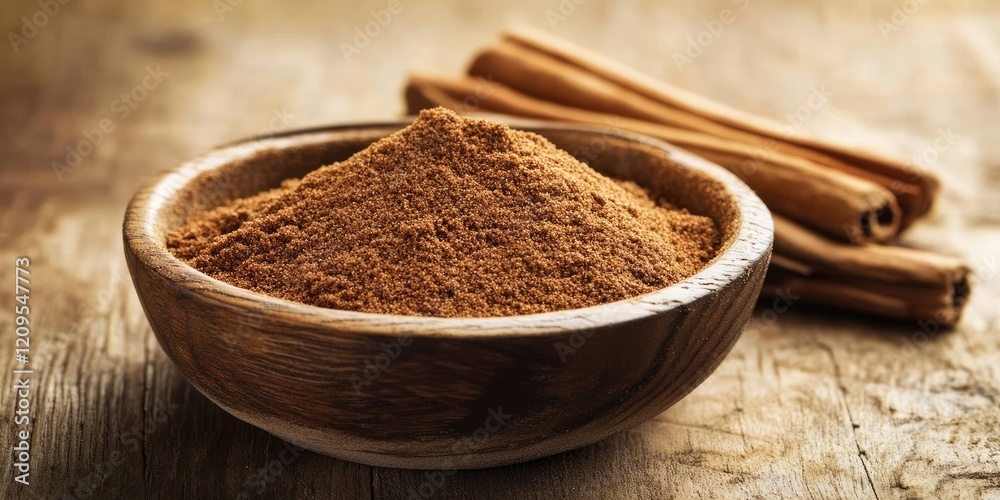 Cinnamon powder in a wooden bowl on rustic wood with cinnamon sticks in the background. Warm browns create a cozy, inviting atmosphere. Cinnamon powder in a wooden bowl on rustic wood with cinnamon sticks in the background. Warm browns create a cozy, inviting atmosphere.