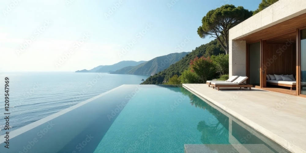 Fototapeta premium Oceanfront Infinity Pool Villa with Panoramic Coastal Views and Modern Design