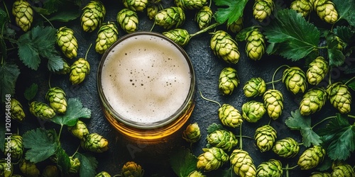 Glass of golden beer surrounded by fresh green hops and leaves on a dark textured surface with a foamy top and vibrant natural colors photo