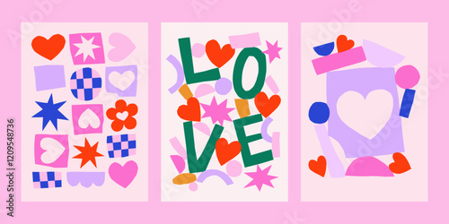 Cute cutout style Valentine's Day vector cards. Hand drawn simple collage illustrations set with paper cut abstract shapes, hearts and stars