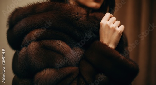 Elegant caucasian female model in luxurious brown faux fur coat