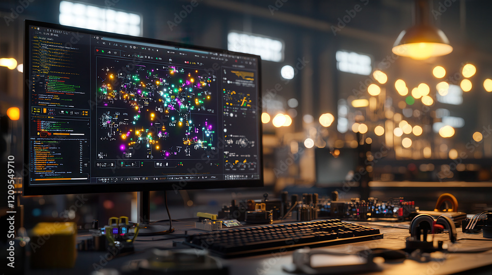 Fototapeta premium high tech control room with computer displaying colorful holographic data interfaces, surrounded by electronic components and tools