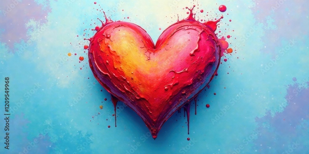 Abstract Heart Shaped Splashes of Vibrant Red and Orange Paint on a Light Blue Background Abstract Heart Shaped Splashes of Vibrant Red and Orange Paint on a Light Blue Background