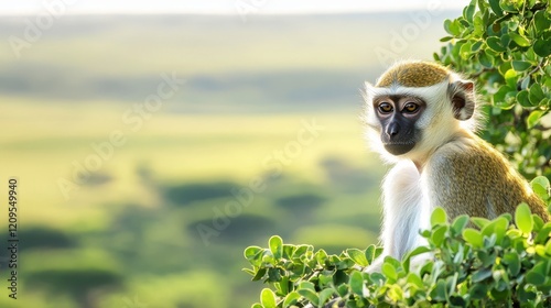  Vervet Monkey in African Savanna: A curious vervet monkey sits perched amidst lush green foliage, gazing thoughtfully across the vast expanse of the African savanna.