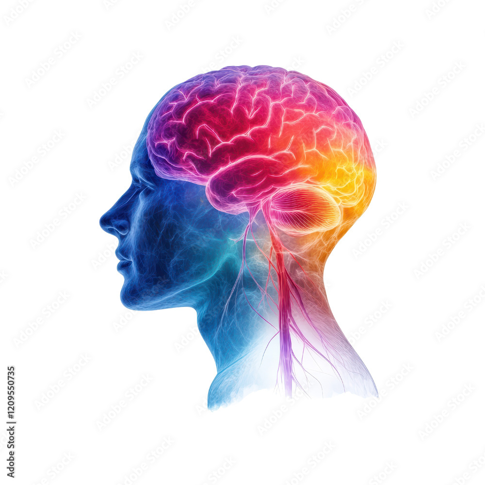Human head silhouette with a vibrant and colorful brain illustration on a plain background. Human head silhouette with a vibrant and colorful brain illustration on a plain background.