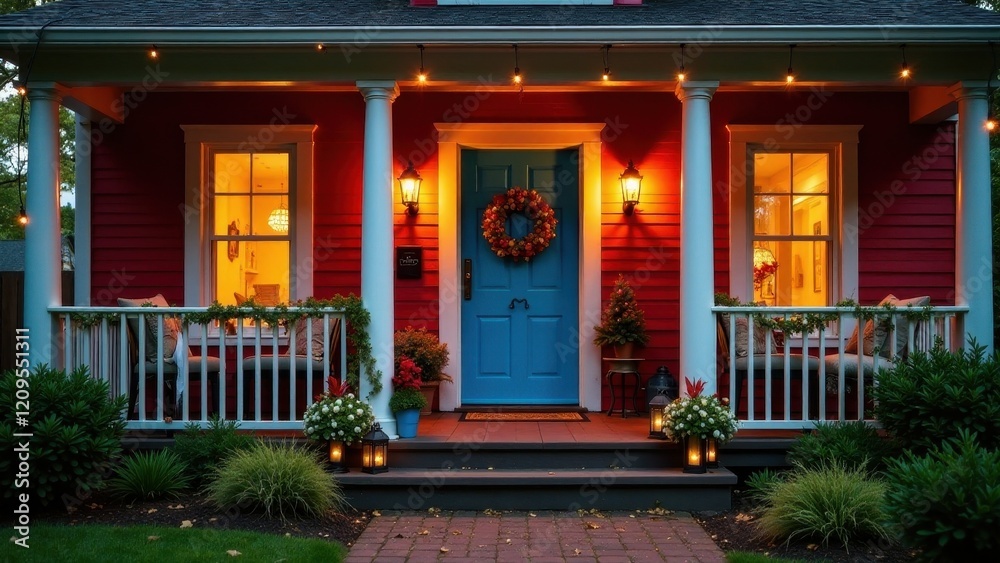 Fototapeta premium Inviting autumnal porch scene at night with warm lighting, blue door, and fall wreath