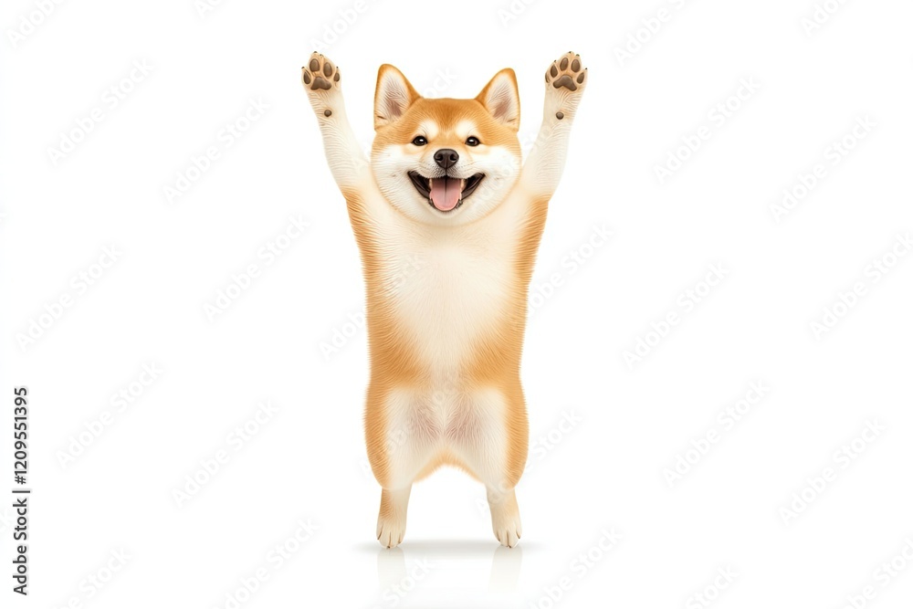 Obraz premium Happy Shiba Inu dog standing with paws raised in a joyful pose against a plain white background