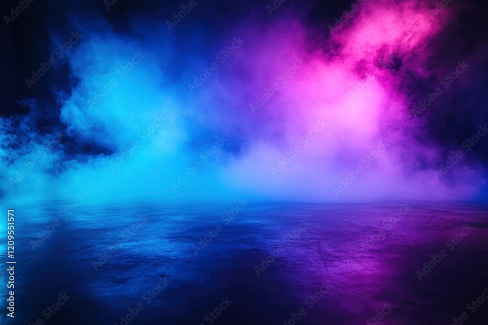 Abstract background with a neon blue and purple glow, accompanied by smoke and fog in a studio room, creating a dark scene. An empty stage is set for product presentation. Abstract background with a neon blue and purple glow, accompanied by smoke and fog in a studio room, creating a dark scene. An empty stage is set for product presentation.