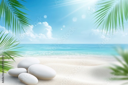 Wallpaper Mural Abstract background with white sand, stones, and palm leaves on the beach against a blue sky with calm sea water on a sunny day. This is a summer concept banner for product presentation. Torontodigital.ca