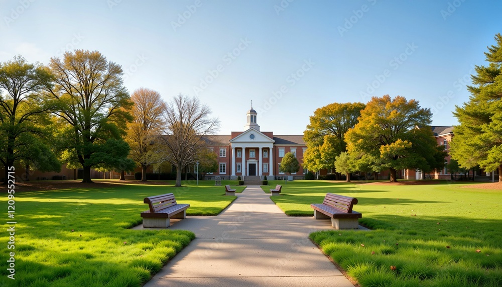 Fototapeta premium Tranquil campus quad with benches and trees, serene afternoon