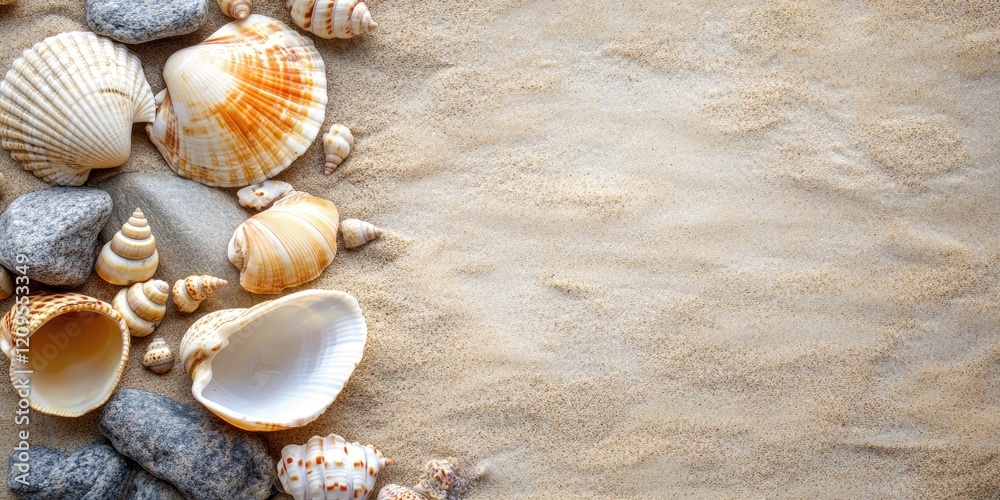 Seashells and smooth stones scattered on light golden sand with ample empty space on the right for text or design elements in a natural setting Seashells and smooth stones scattered on light golden sand with ample empty space on the right for text or design elements in a natural setting