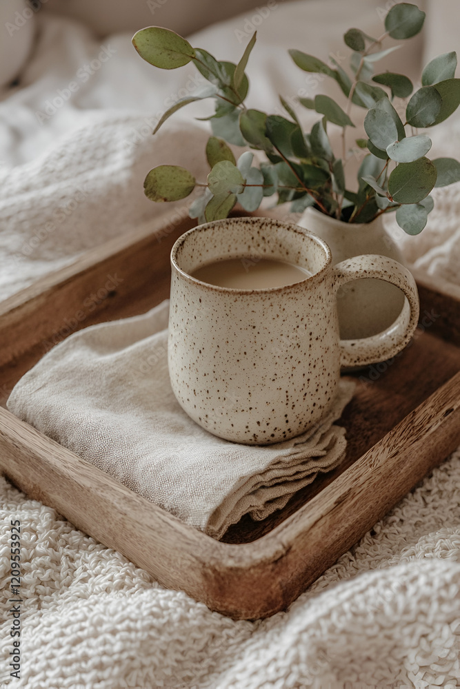 Cozy morning: A speckled mug of coffee sits on a wooden tray with a linen cloth, eucalyptus adds a touch of nature. Cozy morning: A speckled mug of coffee sits on a wooden tray with a linen cloth, eucalyptus adds a touch of nature.