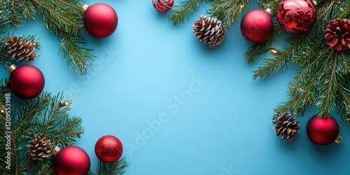 Festive red Christmas ornaments and pine cones arranged on a vibrant blue background with green pine branches framing the top and bottom edges photo