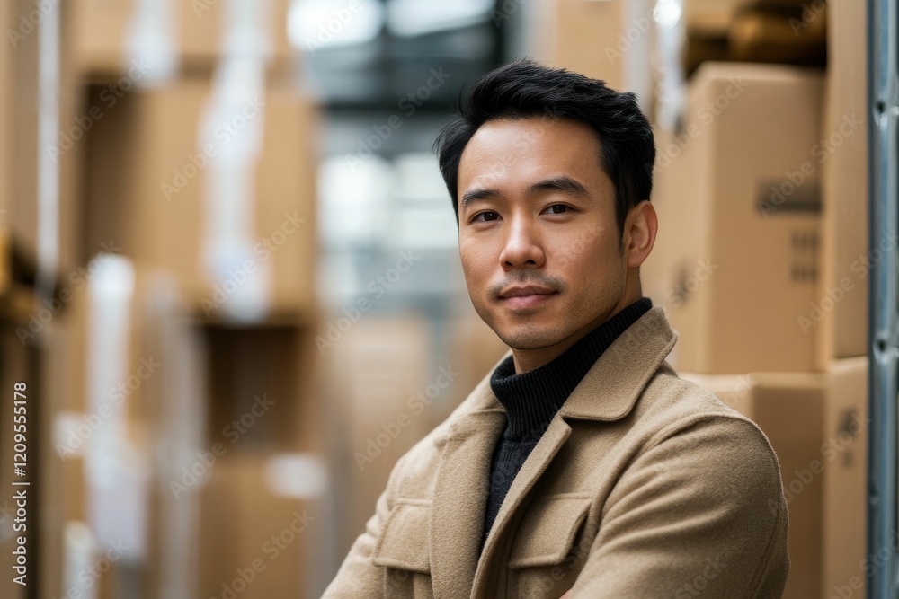 Man poses in front of stacked cardboard boxes.