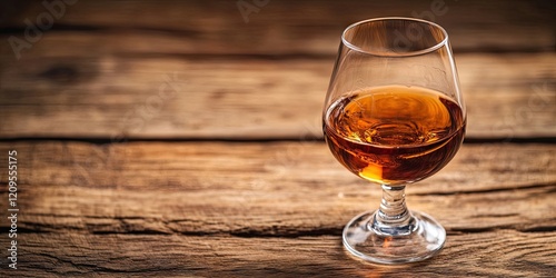 Bourbon whiskey in a clear glass, amber liquid reflecting light, positioned right on a rustic wooden surface with a textured background. photo