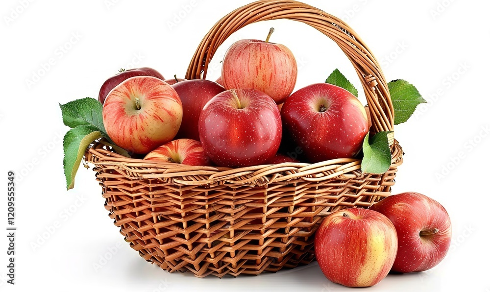 An apple-filled basket set against a white backdrop, Generative AI. An apple-filled basket set against a white backdrop, Generative AI.