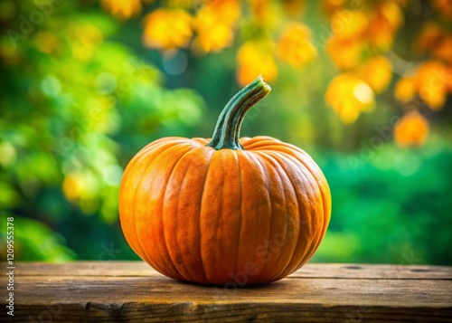 Autumn Harvest: Single Pumpkin on Vibrant Green Background - Stock Photo photo